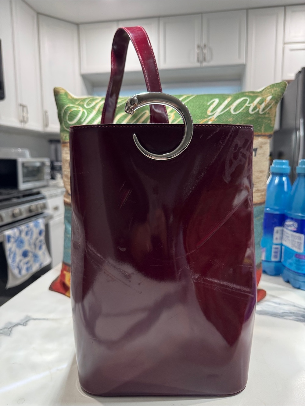 Cartier Panthere Glossy Wine Red Patent Tote with Silver C-Ring Accent